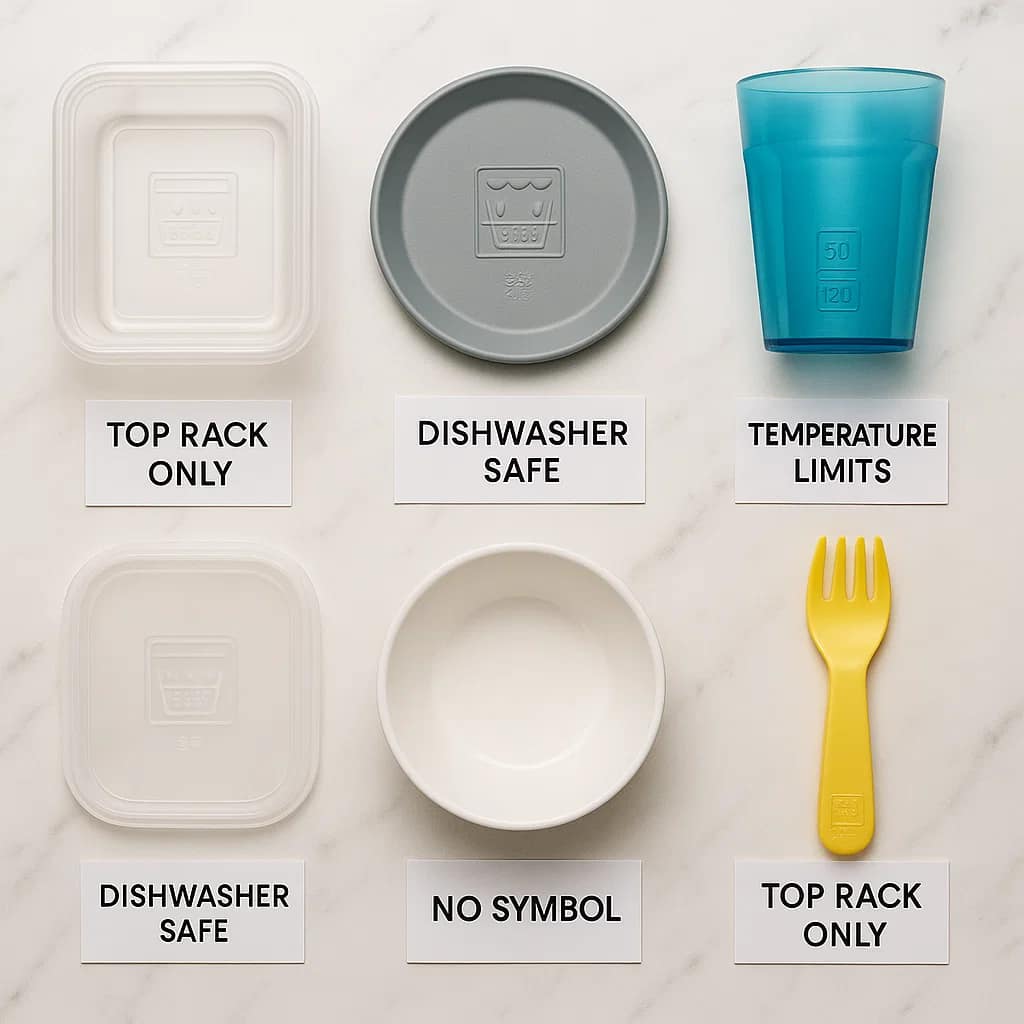 Different types of dishwasher safe symbols and markings on various plastic containers