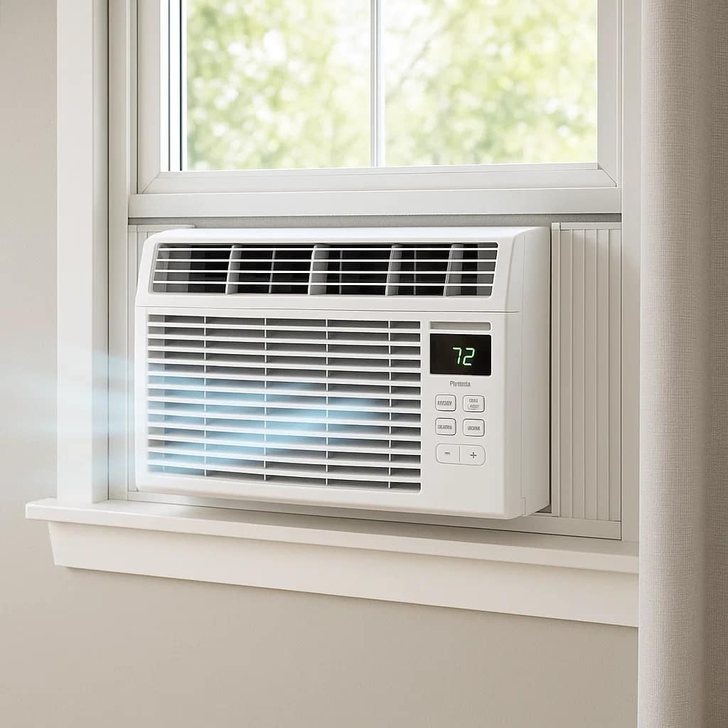 Professional window air conditioner installation in double-hung window with side panels extended
