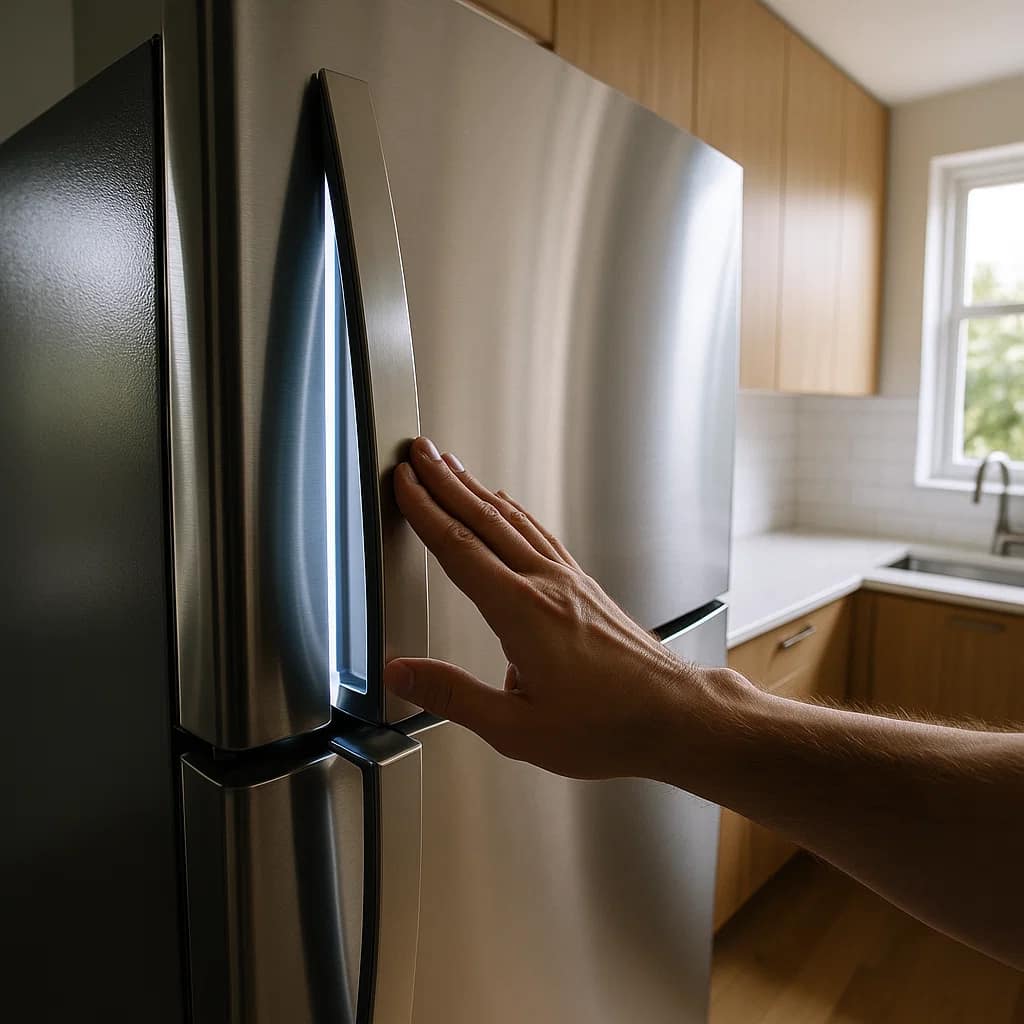 Homeowner fixing refrigerator door that won't close properly in modern kitchen