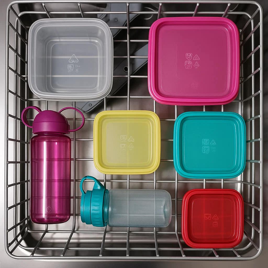 Plastic containers and bottles properly loaded in dishwasher top rack for safe washing