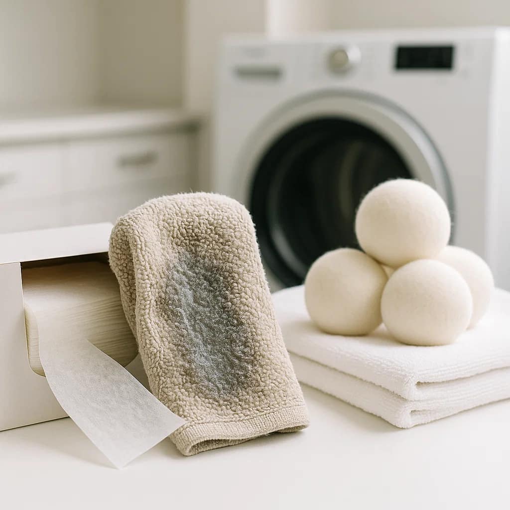Dryer sheets causing fabric damage with waxy buildup compared to wool dryer balls on clean absorbent towels in modern laundry room