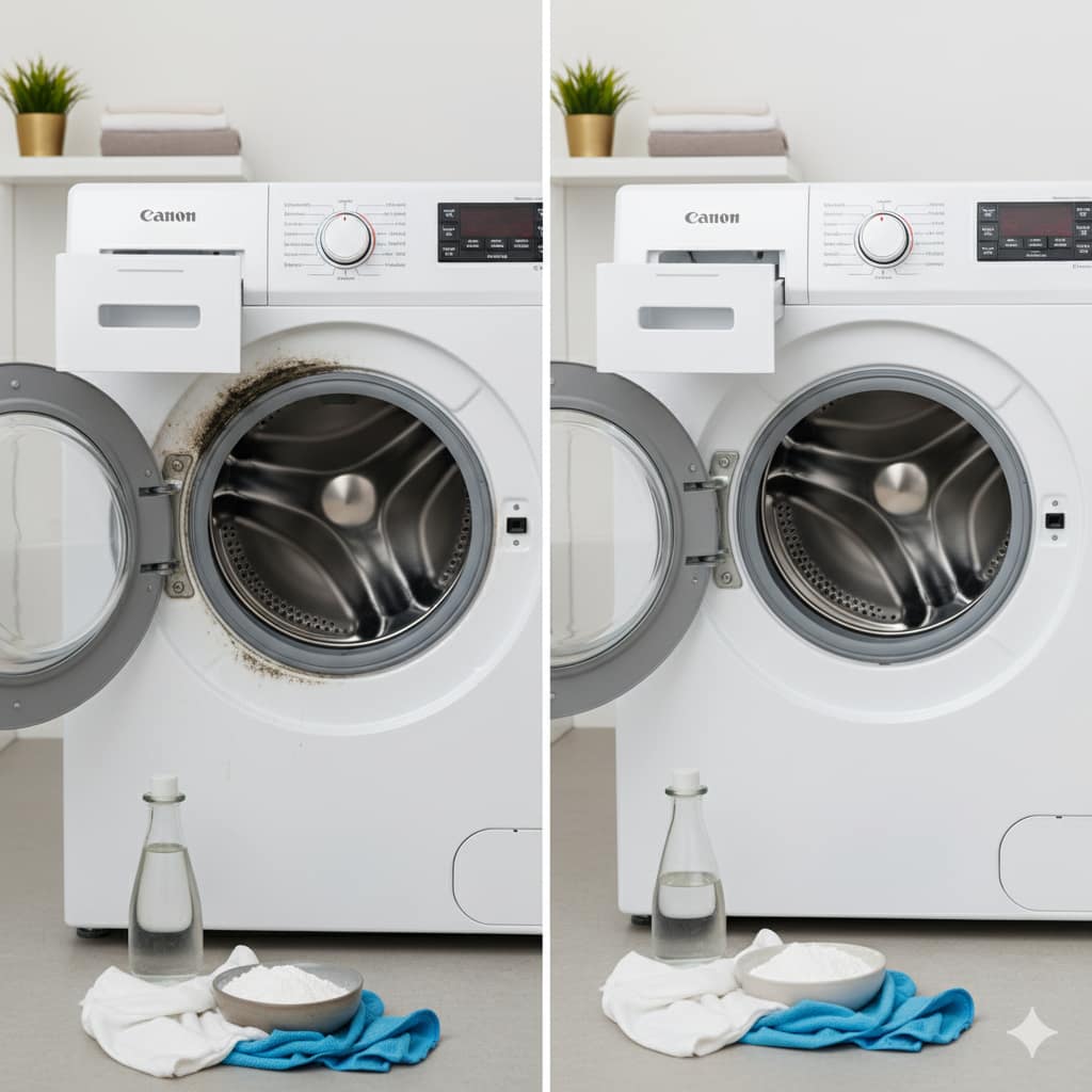 Washing machine smell removal before and after showing moldy gasket cleaned with vinegar and baking soda solution