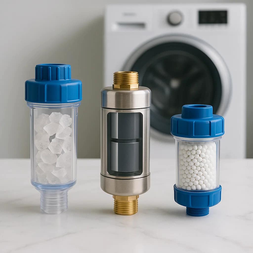 Washing machine water filter types comparison showing polyphosphate magnetic and salt-based softeners for hard water treatment