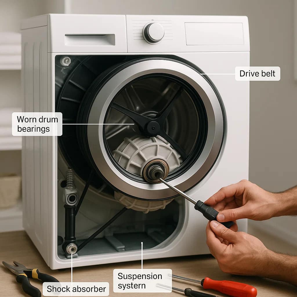 Washing machine internal components cutaway showing drum bearings drive belt and shock absorbers causing loud noise during operation