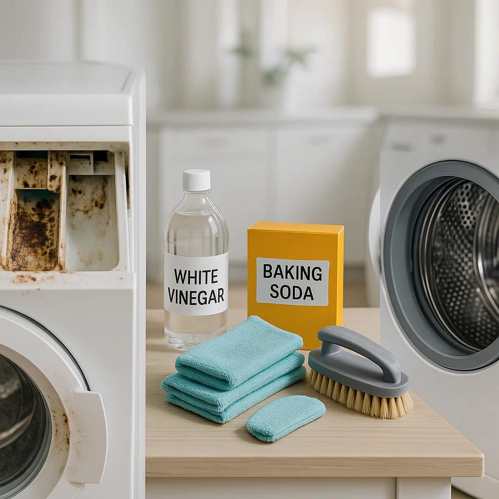 Washing machine deep cleaning supplies and before after results showing vinegar baking soda removing mold residue from drum and dispenser