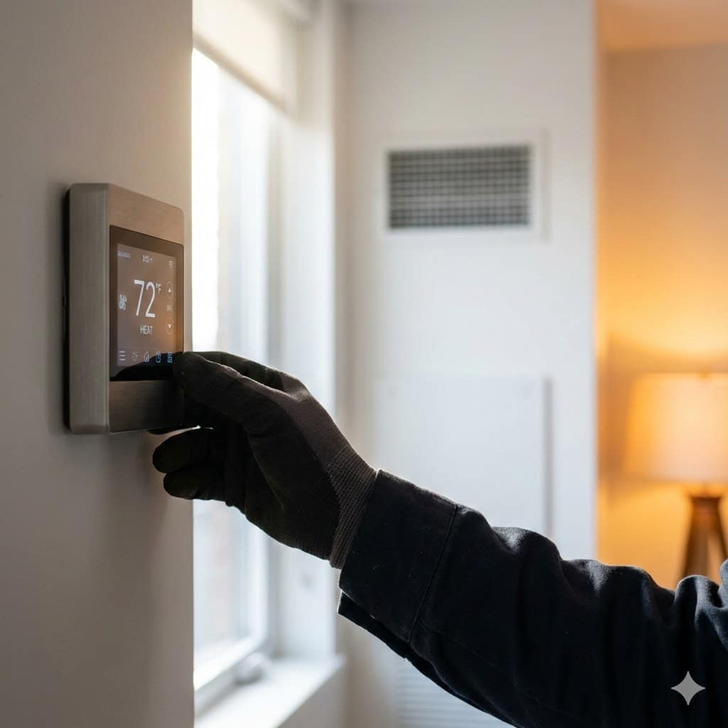 Home heater thermostat control panel being adjusted by HVAC technician showing temperature settings and diagnostic display