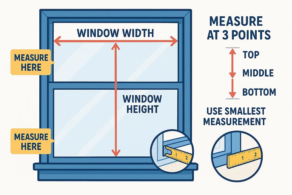 Window measurement diagram showing proper width and height measurements for AC unit installation