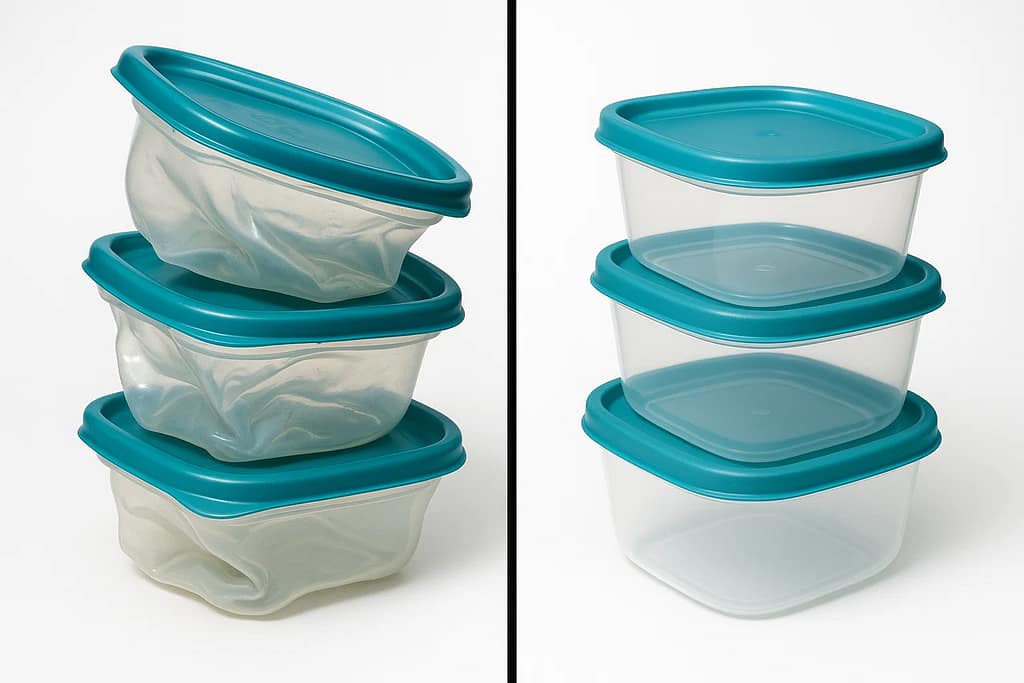 Comparison of damaged non-dishwasher-safe plastic versus intact dishwasher-safe containers