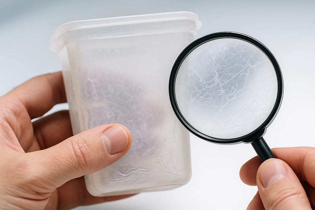 Examining damaged plastic container showing signs of chemical degradation from improper dishwashing