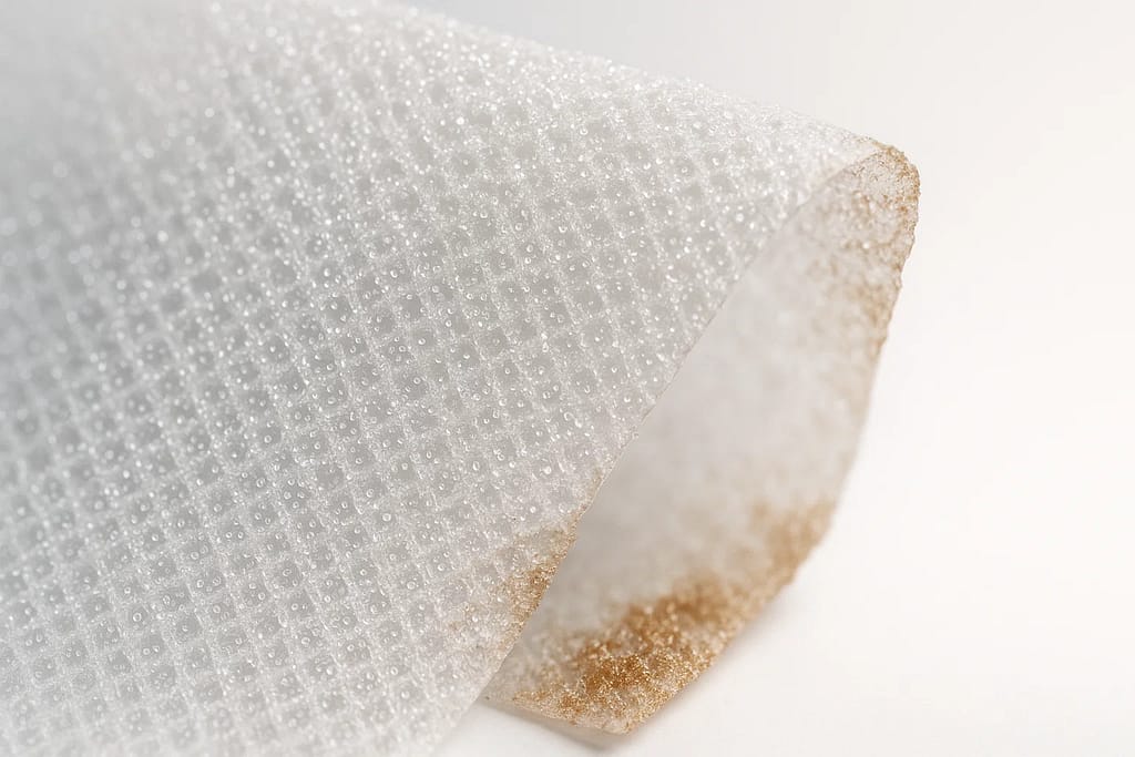 Dryer sheet chemical coating close-up showing waxy residue texture and polyester fiber structure under macro photography