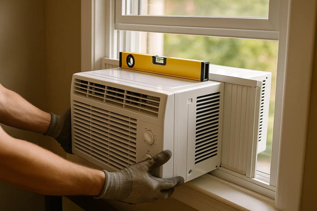 Installing window AC unit on mounting bracket with proper backward tilt for drainage