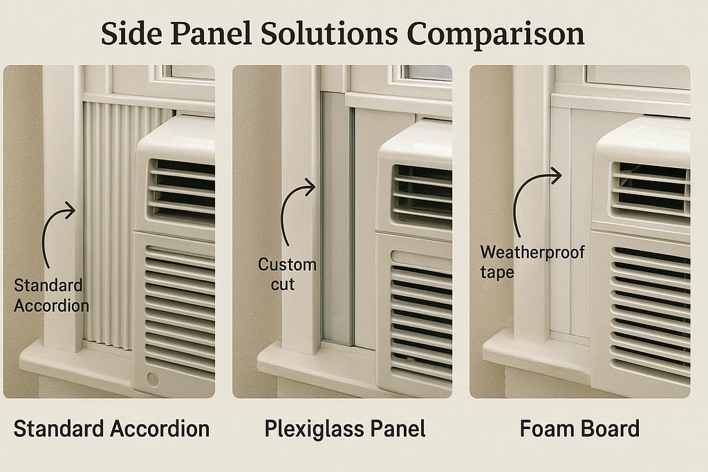 Comparison of three window AC side panel solutions including accordion panels, plexiglass, and foam board