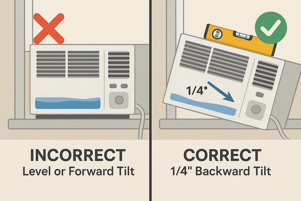 Correct vs incorrect window AC installation angle showing proper backward tilt for drainage