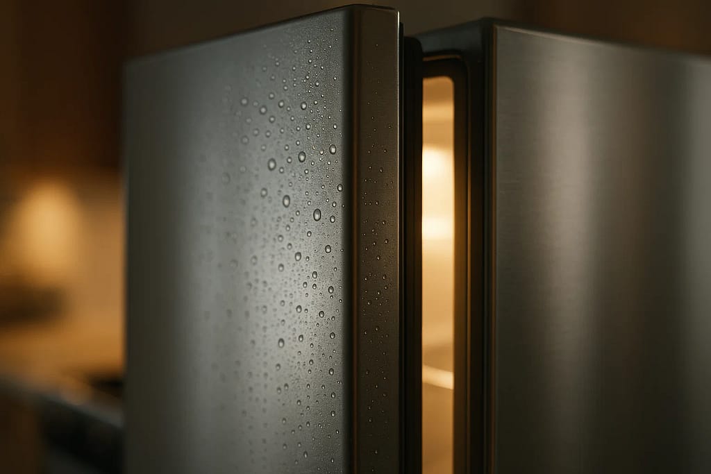 Refrigerator door not closing properly showing condensation and gap in seal