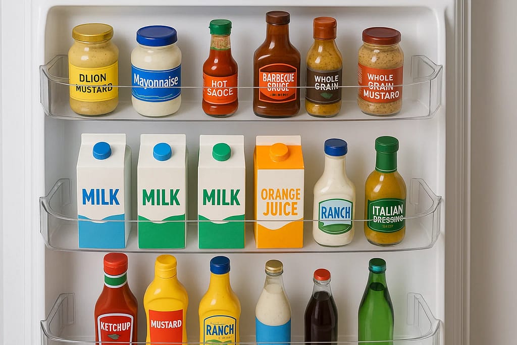 Overloaded refrigerator door shelves causing closure problems and hinge stress