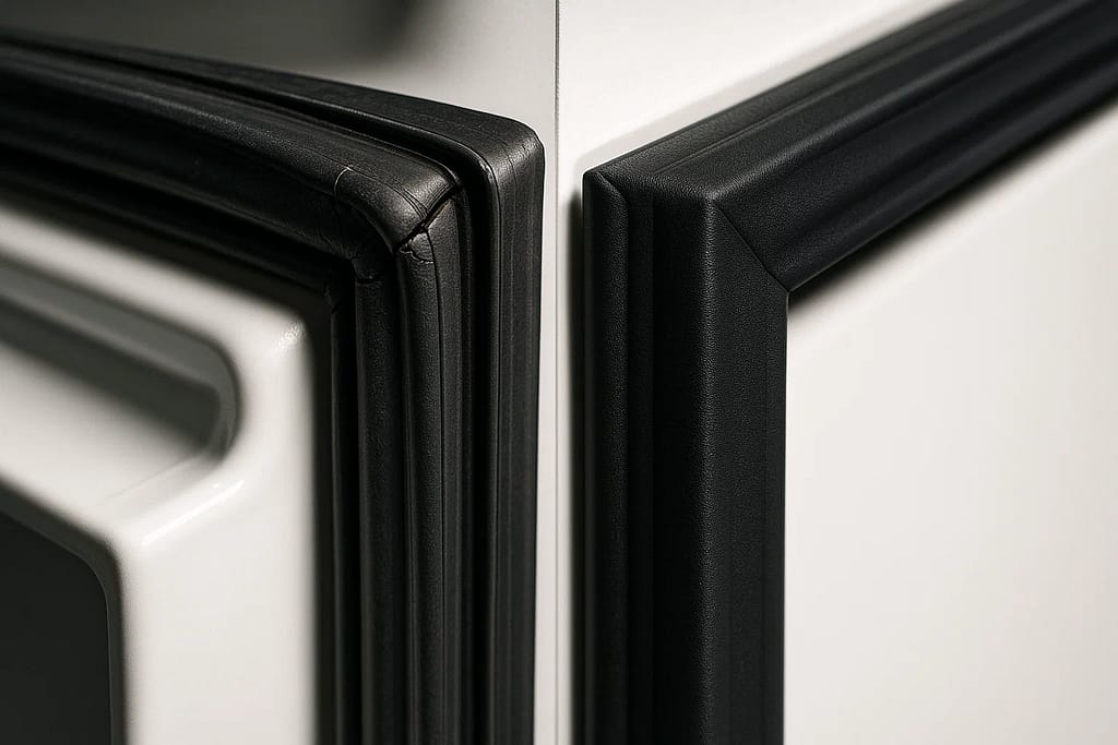 Before and after comparison of worn versus new refrigerator door gasket repair