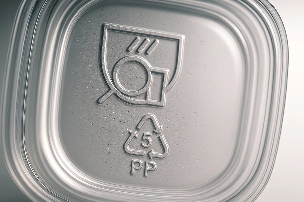 Close-up of dishwasher safe symbol and recycling code on bottom of plastic container