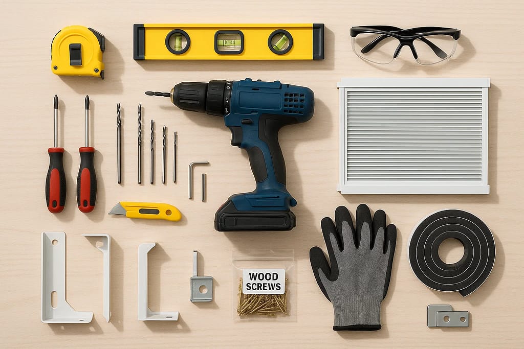 Essential tools and materials needed for window air conditioner installation including drill, level, brackets, and weatherstripping